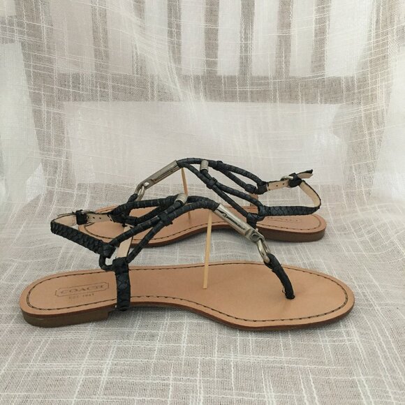 Coach Women's Sandals Gunmetal Leather T- Strap Size 8.5 M - Picture 1 of 8